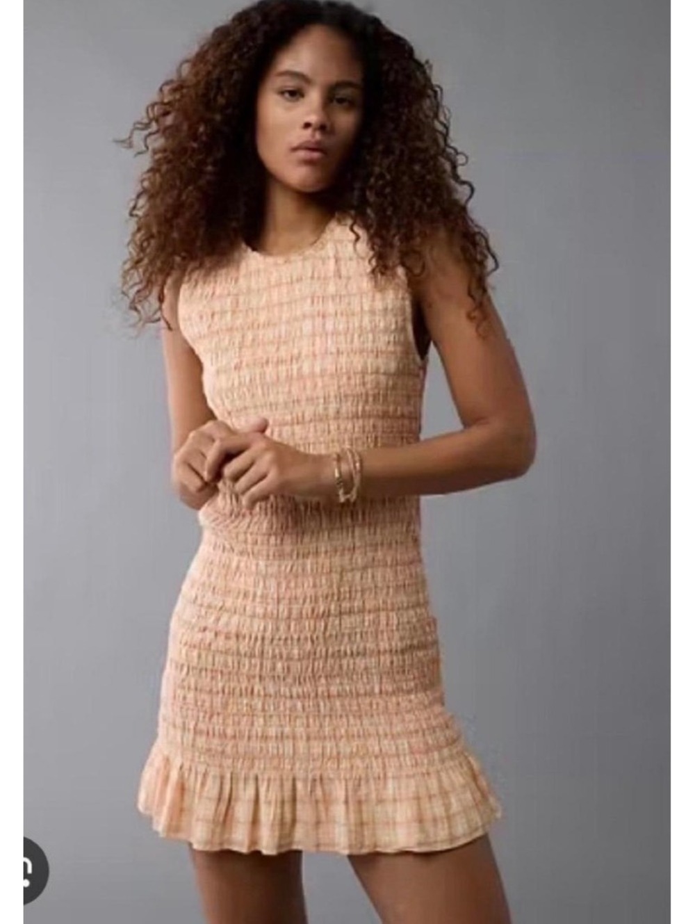 American Eagle Outfitters smocked plaidpeach mini dress with ruffled hem, size M